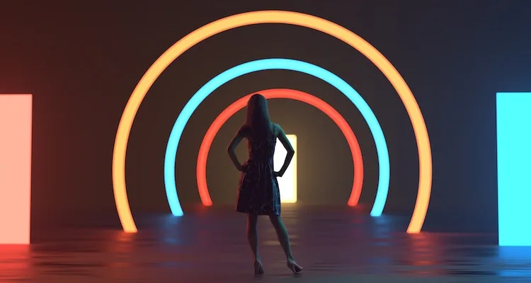 Woman backlit by colorful circles of light stands indecisively facing a door of light in the distance