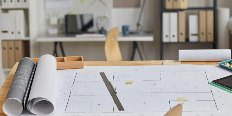 Background image of drawing table with blueprints and tools laid out in foreground and architects workplace